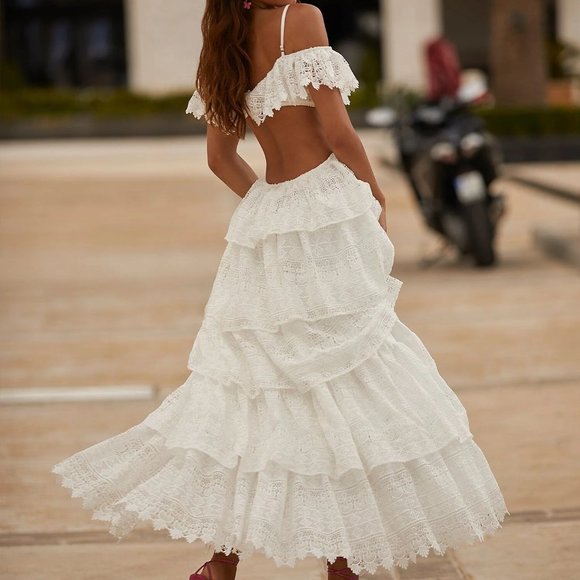 ALAMOUR LILIANA DRESS - White Lace dress with Cut Outs and Off Shoulder - Picture 2 of 5